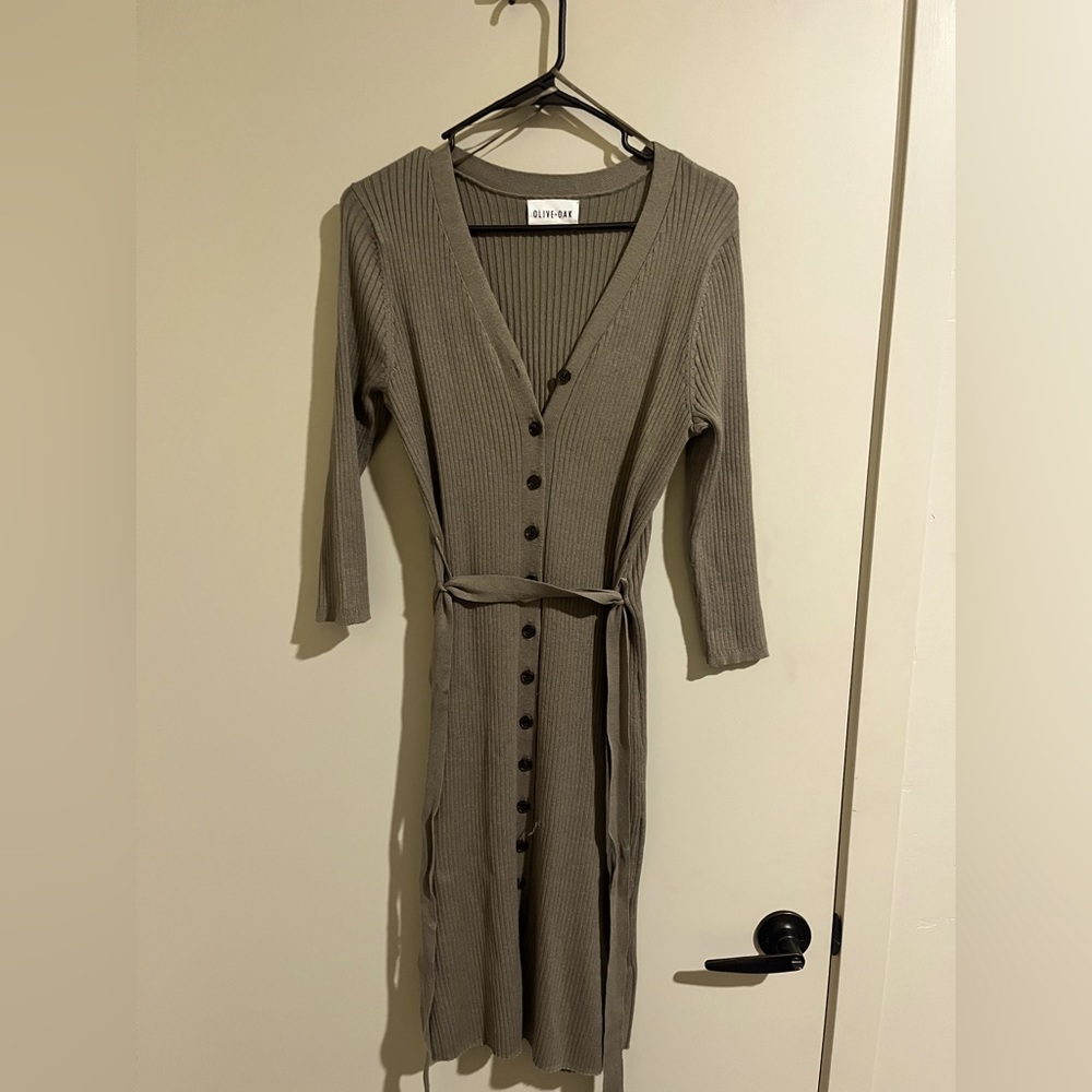 Olive green, long sweater dress with tie on the side